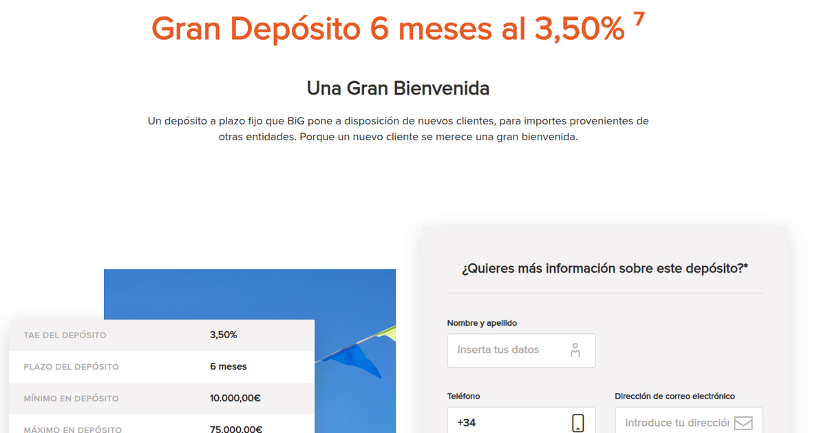 BiG ofrece Gran Depósito a 6 meses al 3,50% TAE