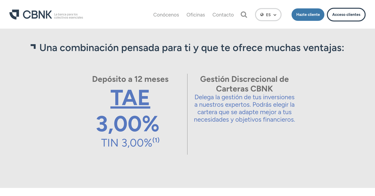CBNK ofrece Depósito Combinado con Cartera Gestionada al 3,00% TAE