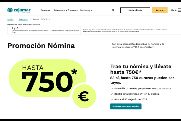 Cajamar regala hasta 750€ al domiciliar nómina