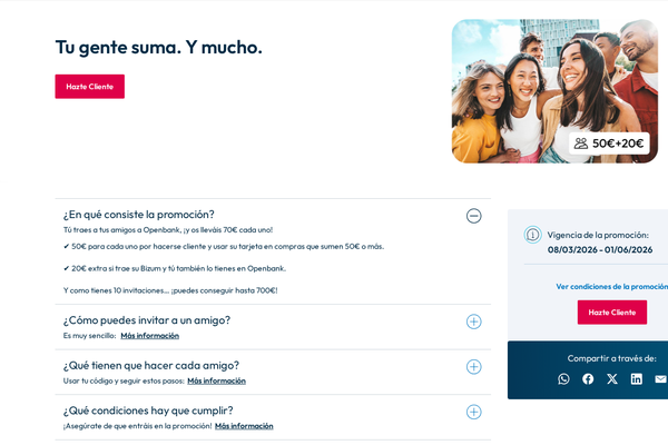 Openbank Plan Amigo: hasta 70€ al invitar a un amigo