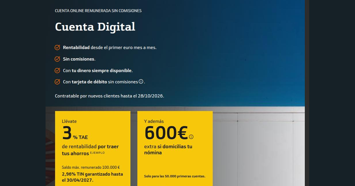 Bankinter regala hasta 600€ por domiciliar la nómina en su Cuenta Digital al 3% TAE