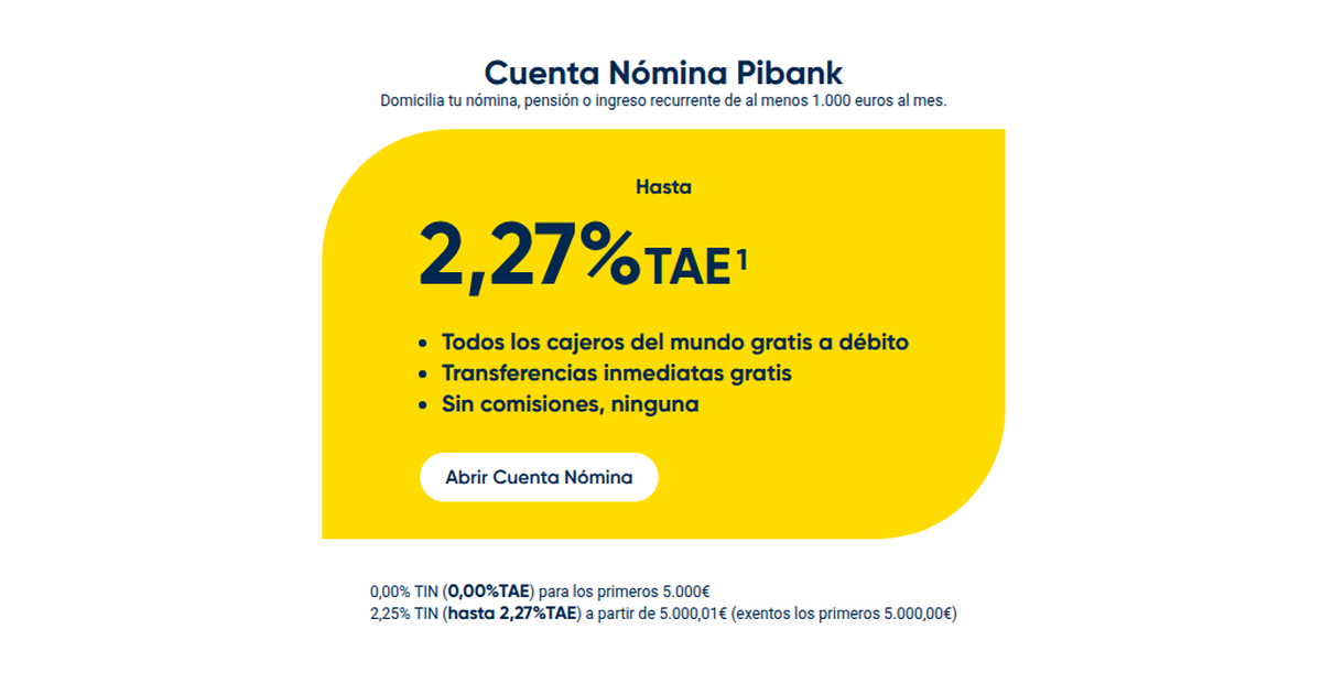 Pibank ofrece Cuenta Nómina con hasta 2,27% TAE