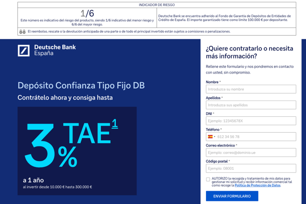 Deutsche Bank ofrece depósito a 12 meses de hasta el 3% TAE