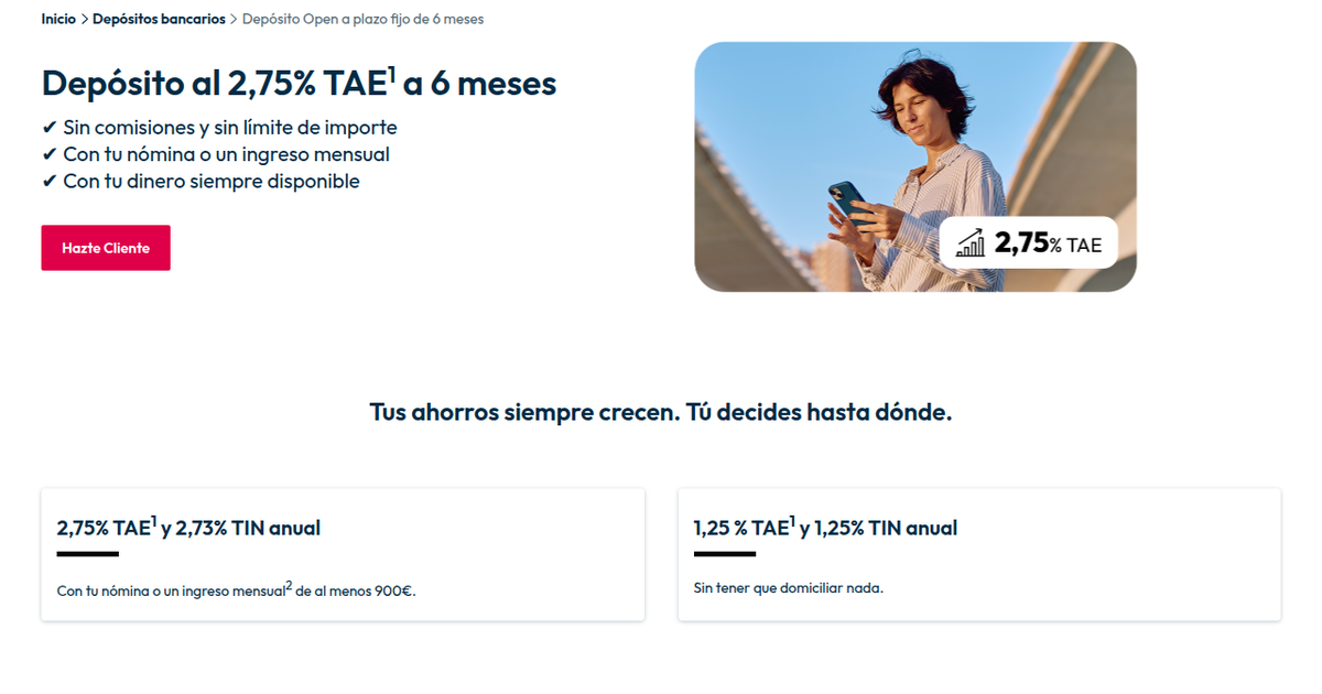 Openbank ofrece depósito a 6 meses al 2,75% TAE con nómina