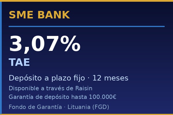 SME Bank ofrece depósito a 12 meses al 3,07% TAE
