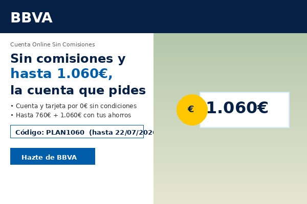 BBVA ofrece hasta 1.060€ por tu nómina y vinculaciones