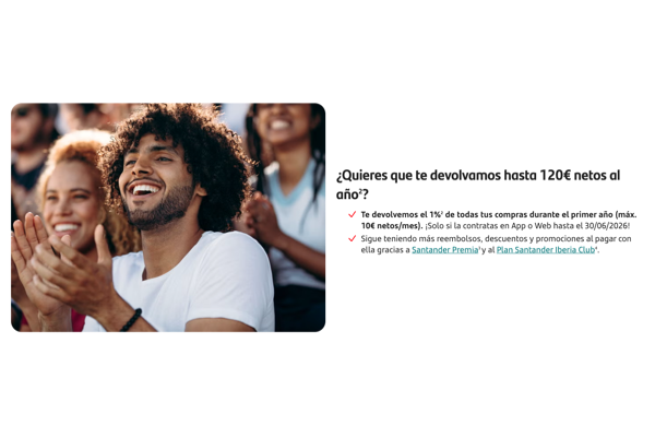 Banco Santander ofrece cashback del 1% hasta 120€ netos al año en Tarjeta Crédito Santander