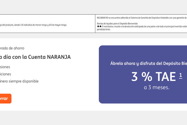 ING ofrece Depósito Bienvenida al 3% TAE con la Cuenta Naranja