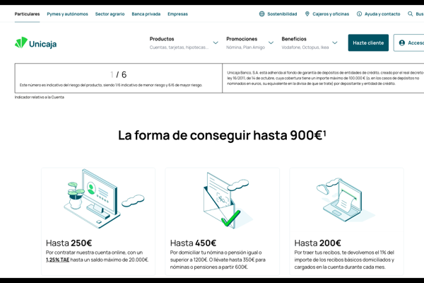 Unicaja regala hasta 900€ al abrir Cuenta Online