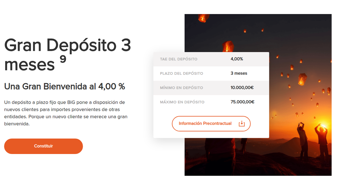 BiG ofrece Gran Depósito a 3 meses al 4,00% TAE