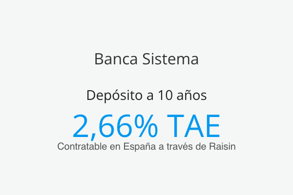 Banca Sistema ofrece depósito a 10 años al 2,66% TAE