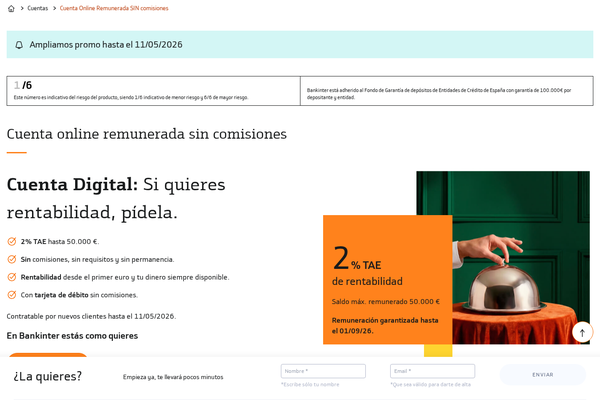 Bankinter ofrece Cuenta Digital Remunerada al 2% TAE sin nómina